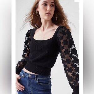 French Connection Juliet Mozart lace sleeve sweater black puff sleeve coquette M